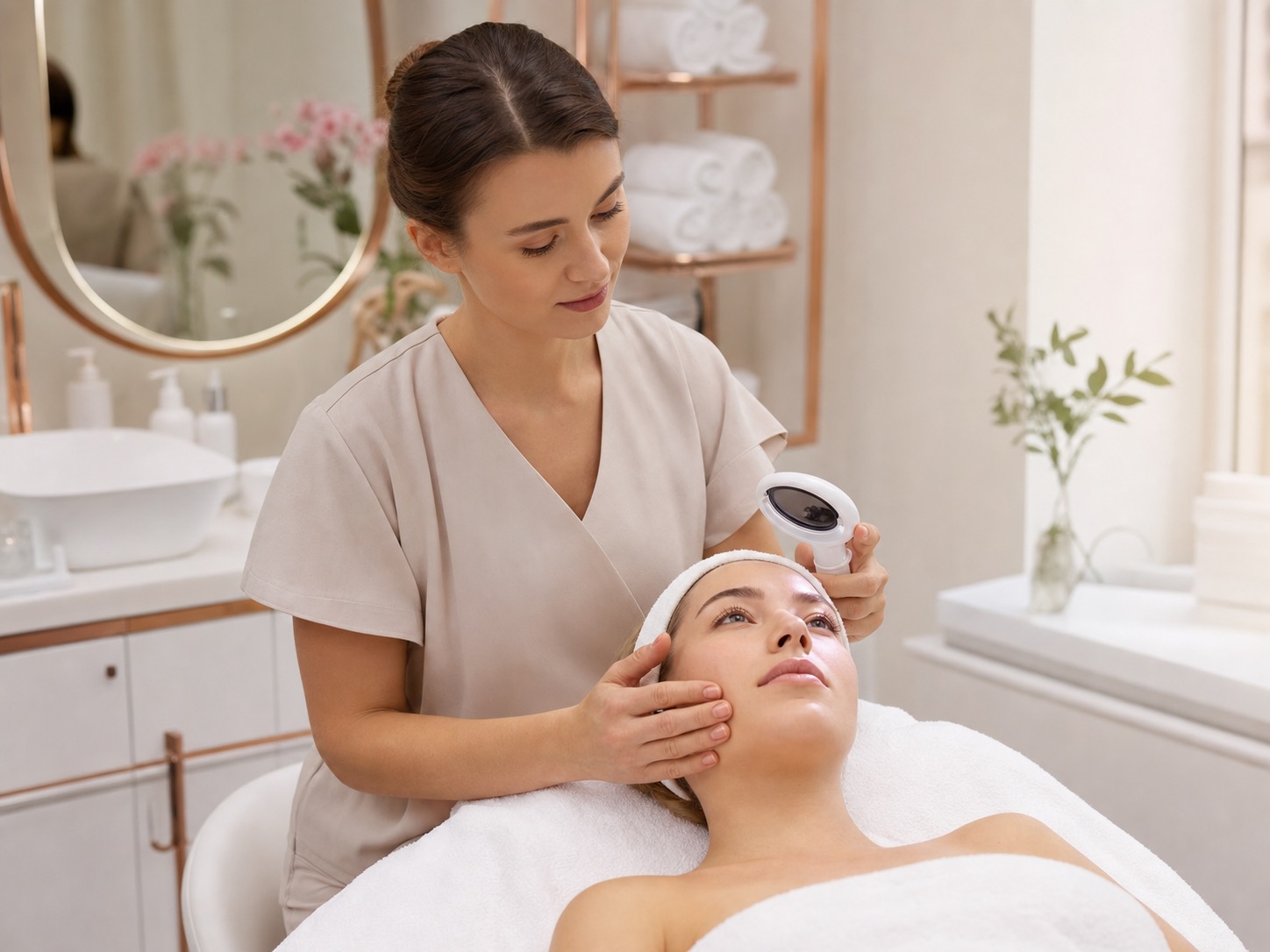 Premium facial bar consultation with a specialist assessing skin before a barrier-supportive facial