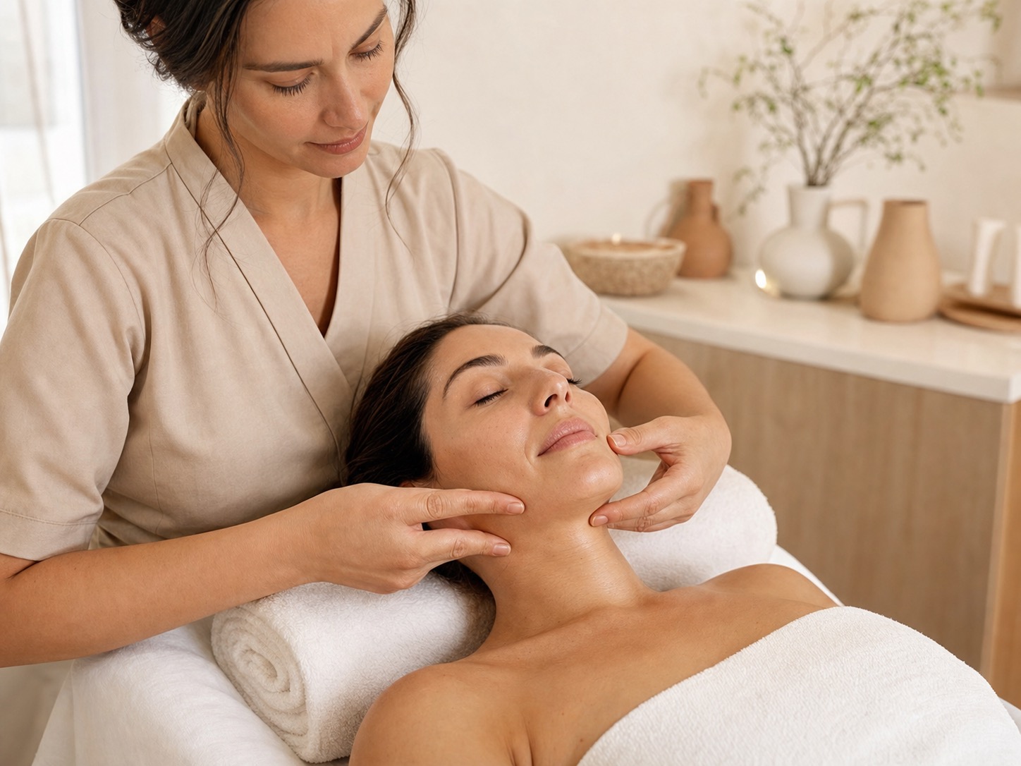 Gentle facial massage and lymphatic drainage during a skin barrier facial treatment
