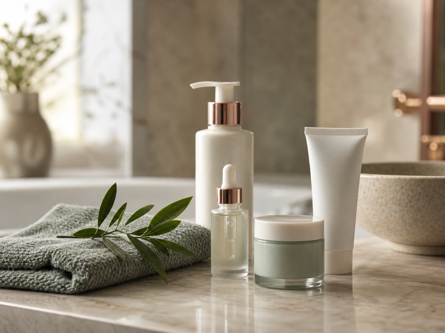 Minimal skincare routine with gentle cleanser, hydrating serum, moisturizer and sunscreen after a facial