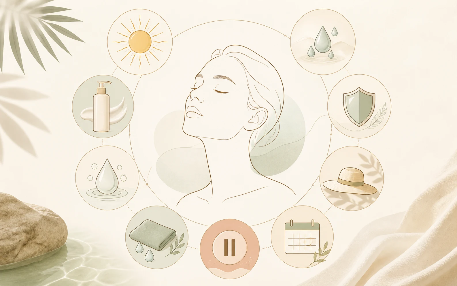 Инфографика без текста об after-sun facial planning, sunscreen removal, hydration, barrier, shade and timing