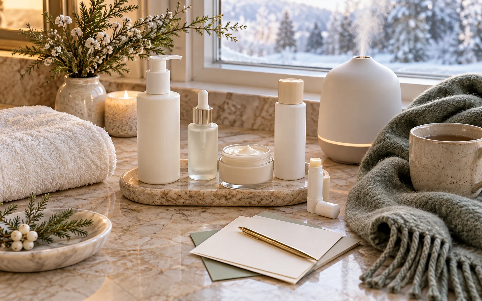 Cold weather facial aftercare routine with gentle cleanser rich moisturizer sunscreen lip balm humidifier scarf and water