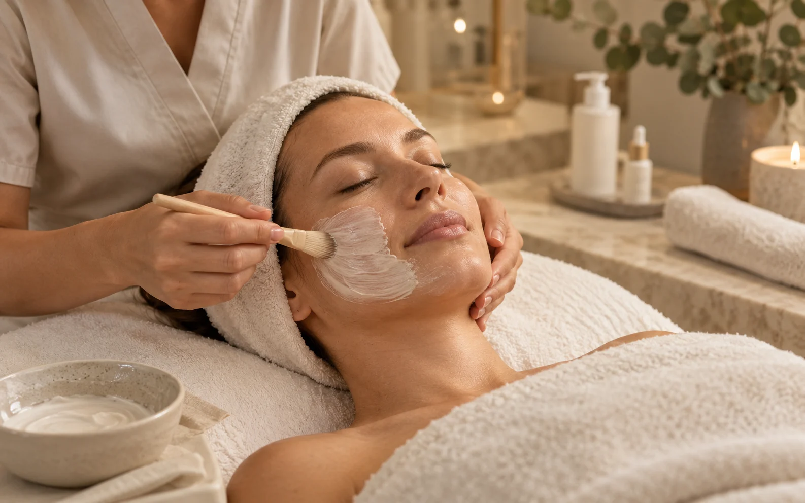 Gentle hydrating mask during a cold weather facial treatment for dry sensitive winter skin