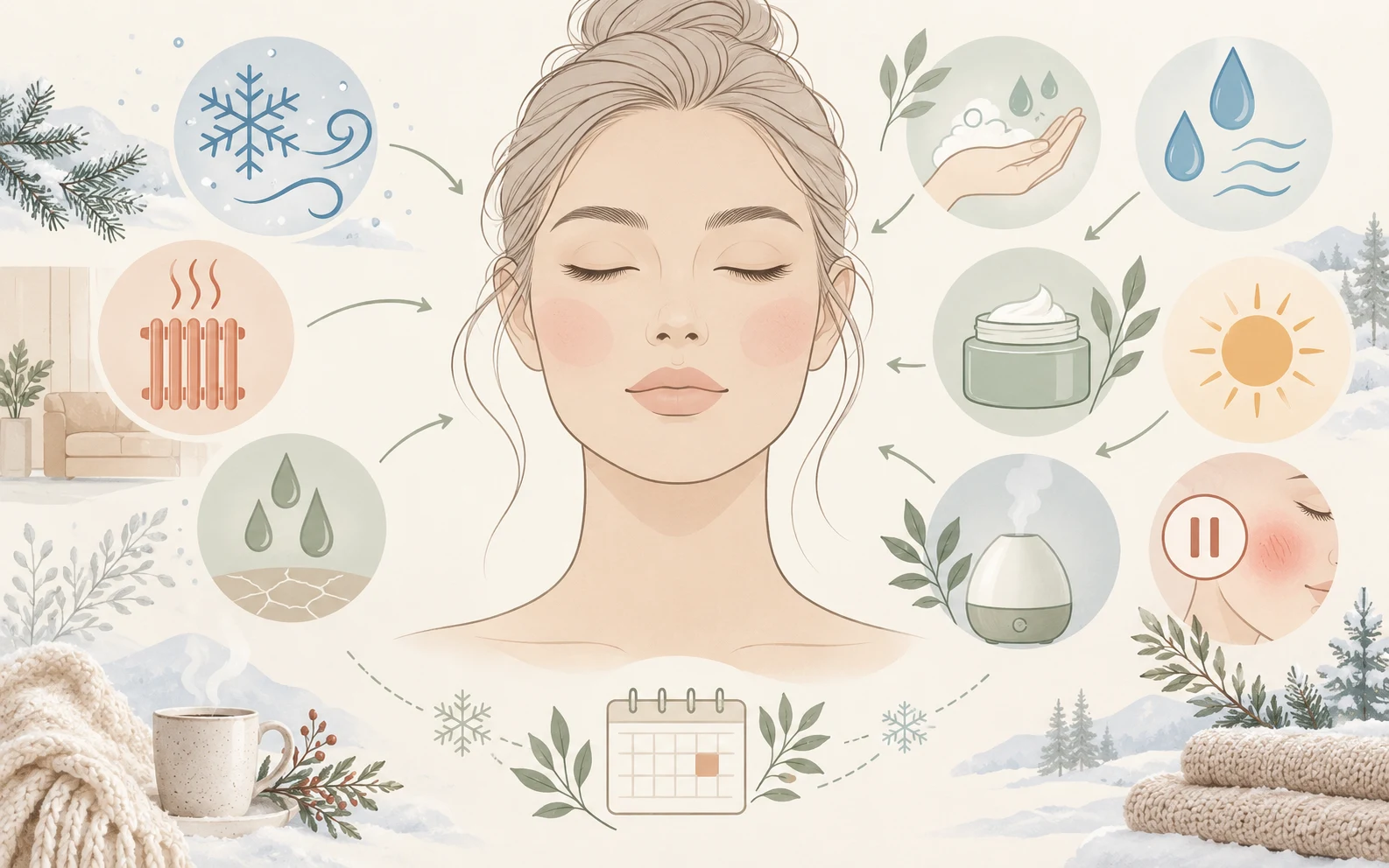 Text-free cold weather facial planning diagram with wind indoor heat hydration moisturizer sunscreen humidifier and pause icons