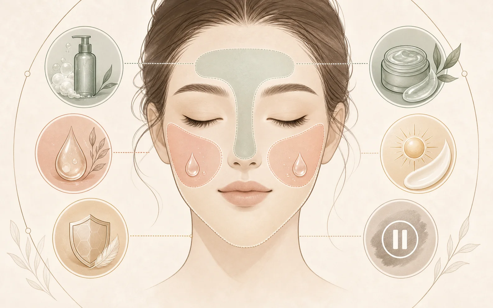 Инфографика без текста о T-zone, cheeks, hydration, barrier comfort and sunscreen