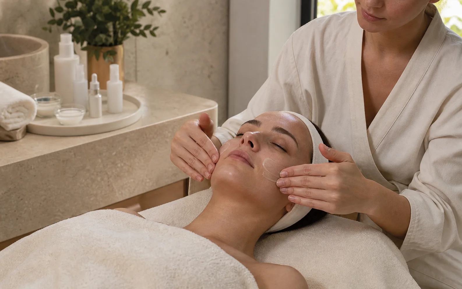 Gentle zone-based mask and serum step for combination skin facial treatment