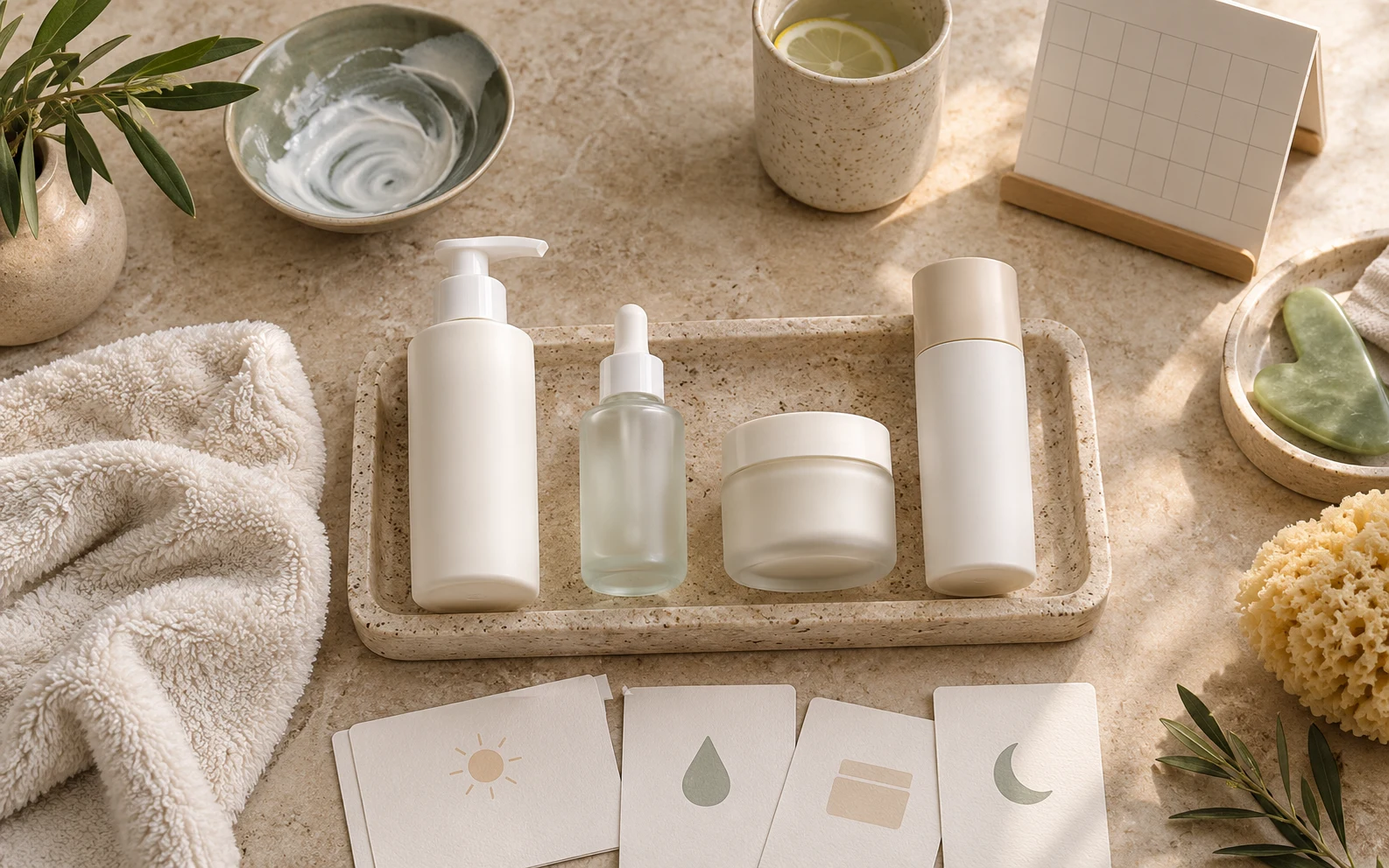 Enzyme facial aftercare routine with gentle cleanser hydrating serum moisturizer sunscreen and simple timing cards