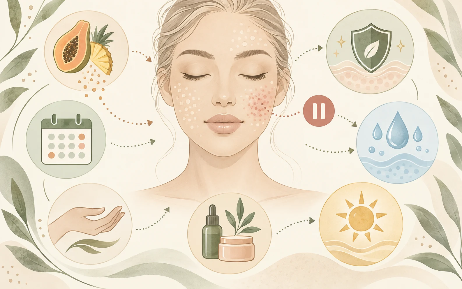 Text-free enzyme facial treatment planning diagram with exfoliation timing barrier hydration sunscreen pause and gentle touch icons