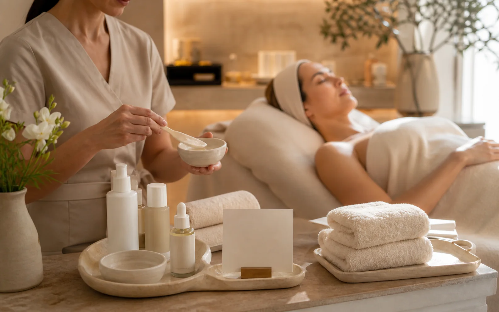 Премиальная процедурная зона facial bar, подготовленная для последовательного skincare-опыта
