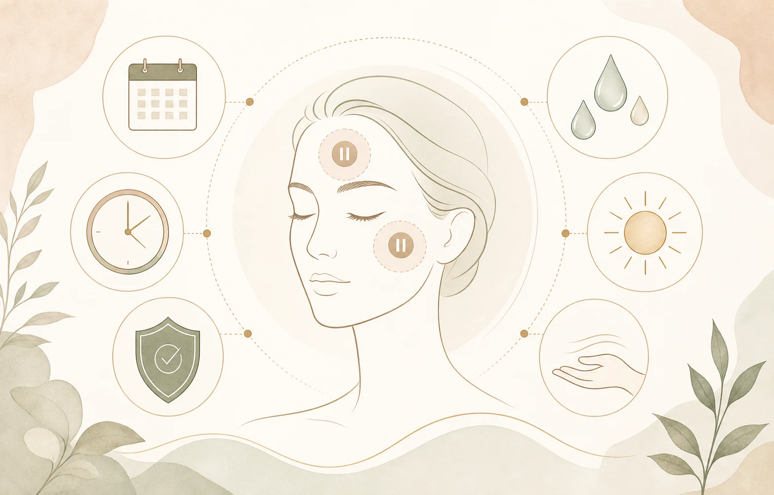 Text-free infographic for facial Botox and filler timing with hydration sunscreen and pressure caution icons