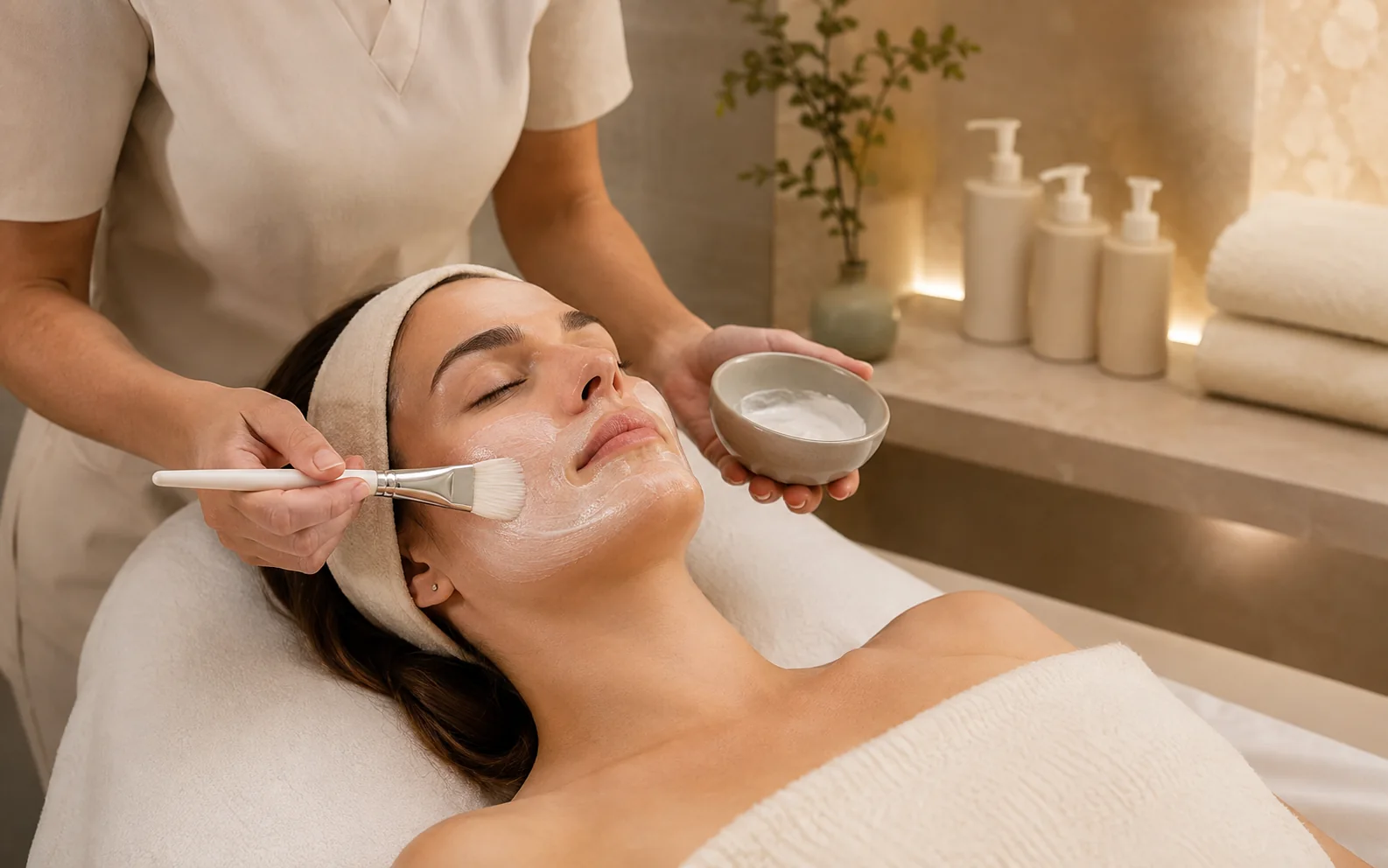 Gentle fragrance-free calming mask applied during a sensitive skin facial treatment