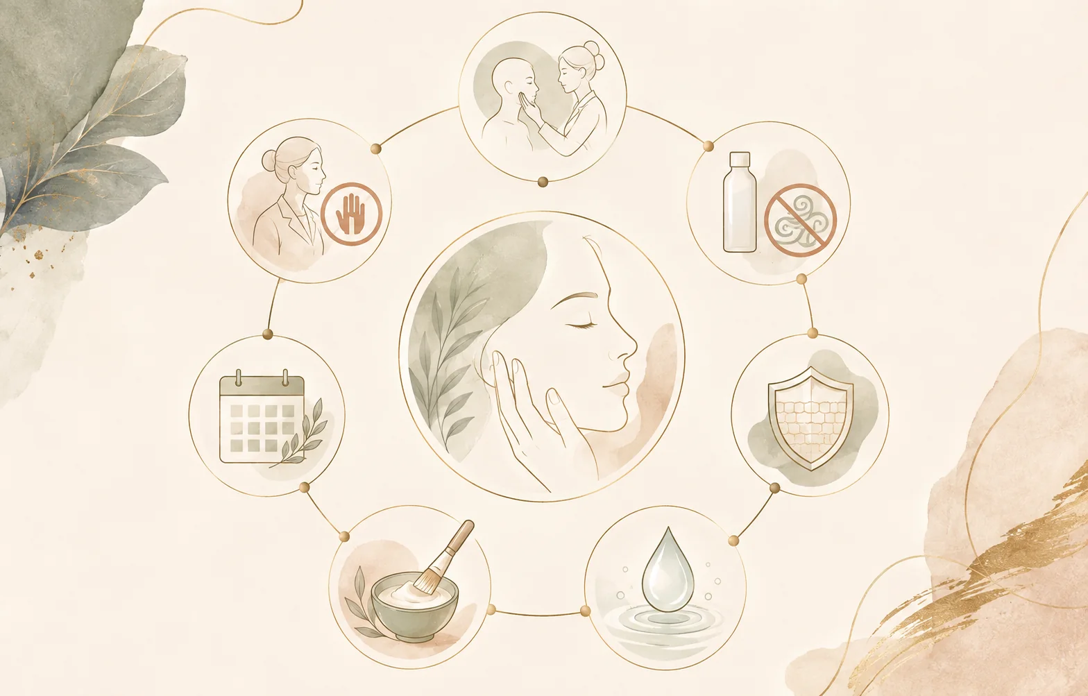 Text-free fragrance-free facial planning infographic with consultation barrier cleansing mask aftercare and pause symbols