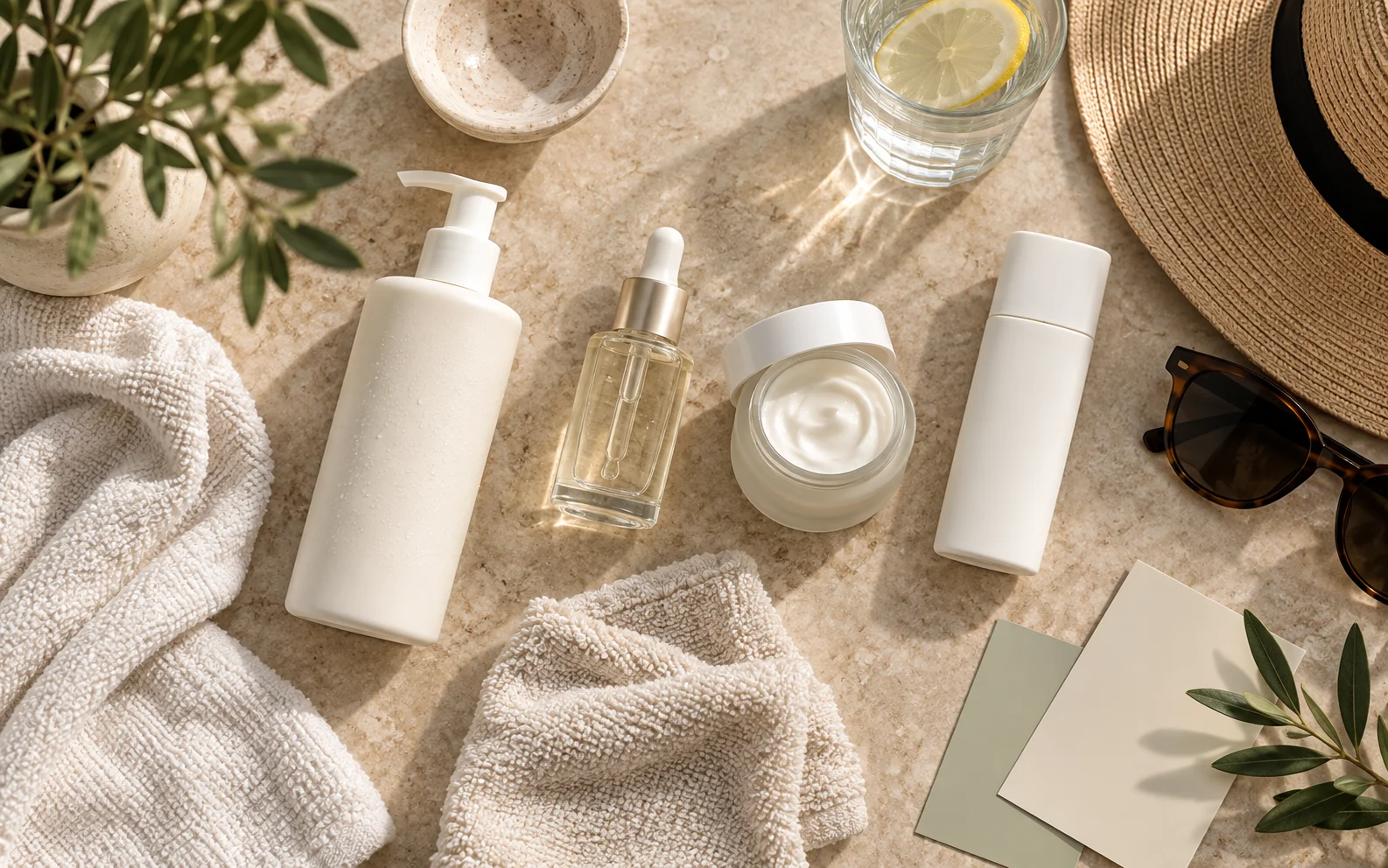 Hyperpigmentation facial aftercare with sunscreen gentle cleanser hydration moisturizer hat and sunglasses