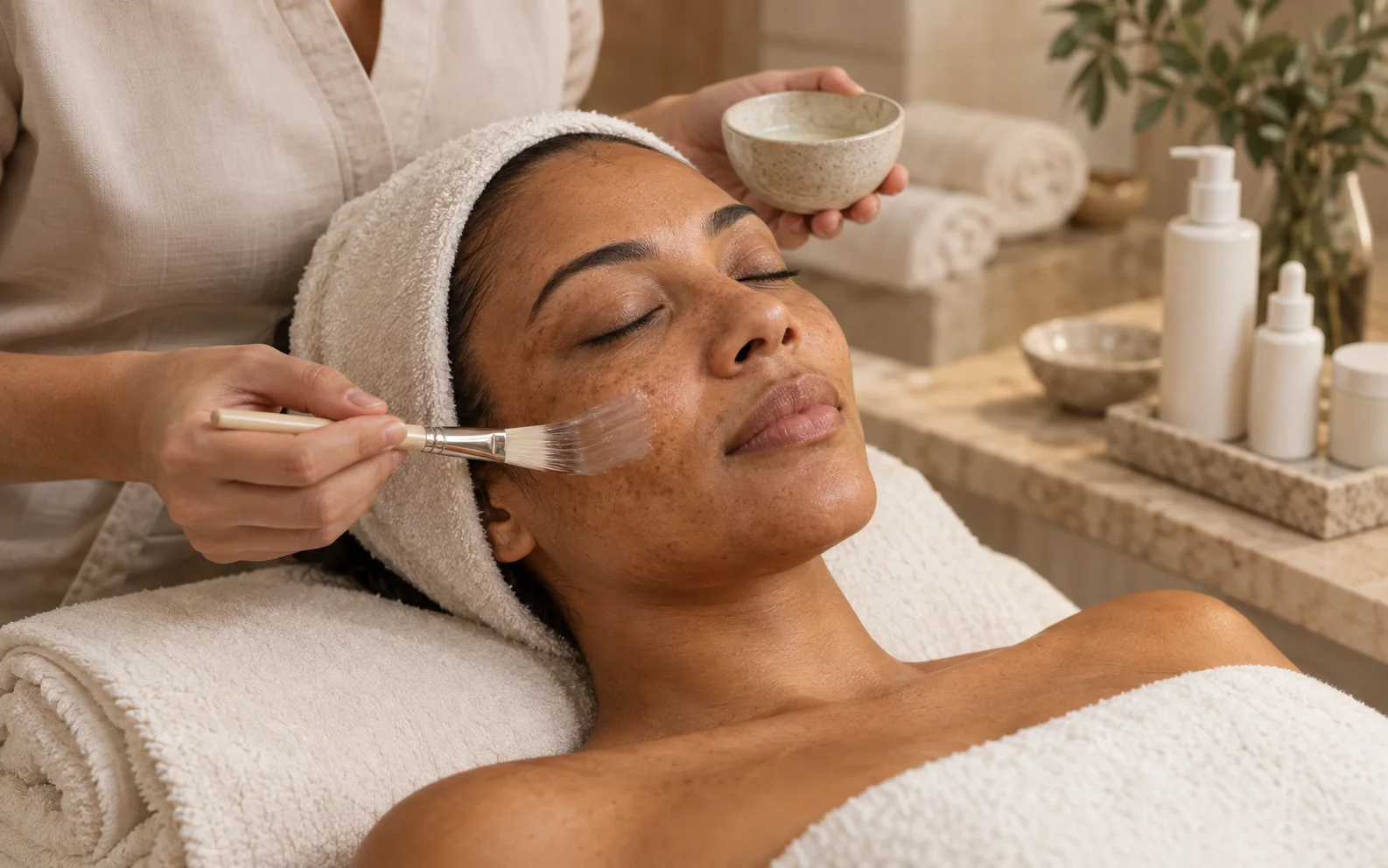 Gentle calming mask during hyperpigmentation facial treatment for dark spots and barrier comfort