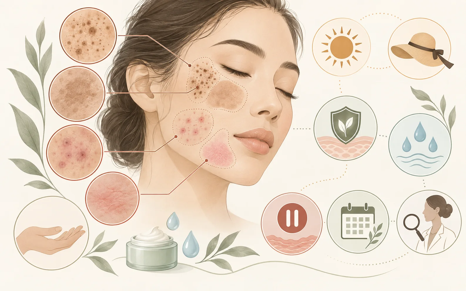 Text-free hyperpigmentation facial planning diagram with dark spots melasma sunscreen hydration barrier and timing icons
