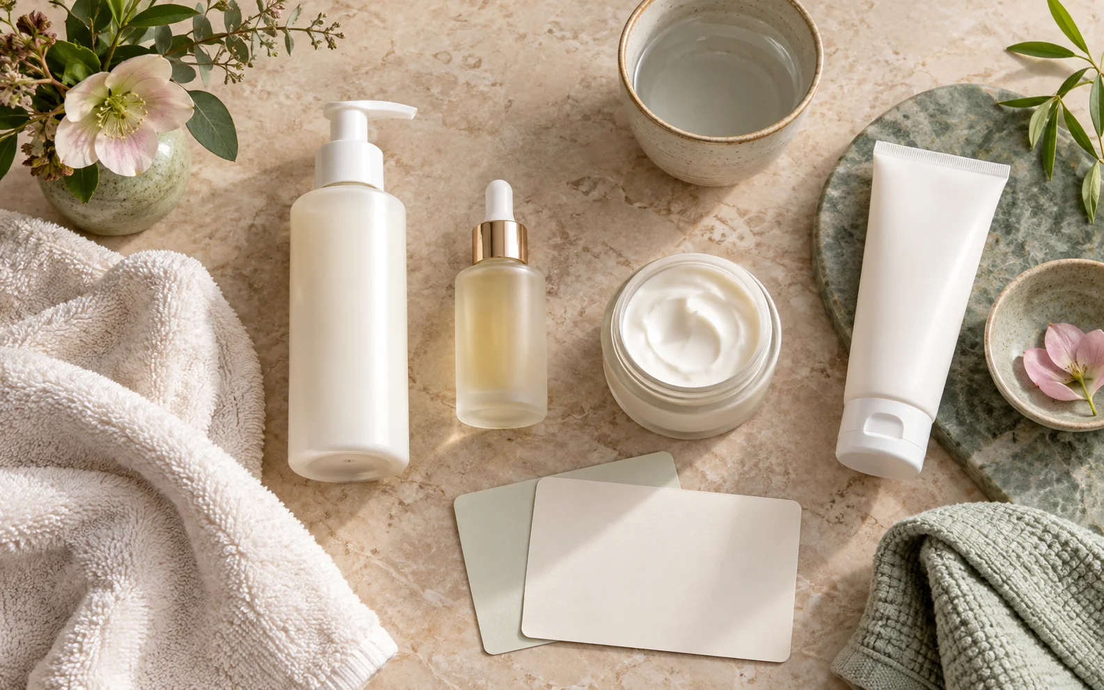 Aftercare routine после menopause facial с gentle cleanser, hydrating serum, moisturizer, sunscreen and soft towel
