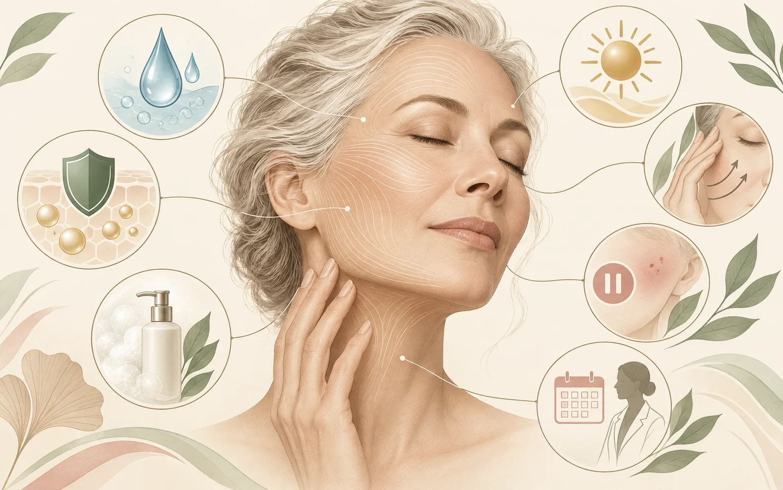 Инфографика без текста о menopause facial care planning: hydration, barrier, sunscreen, massage, sensitivity and consultation