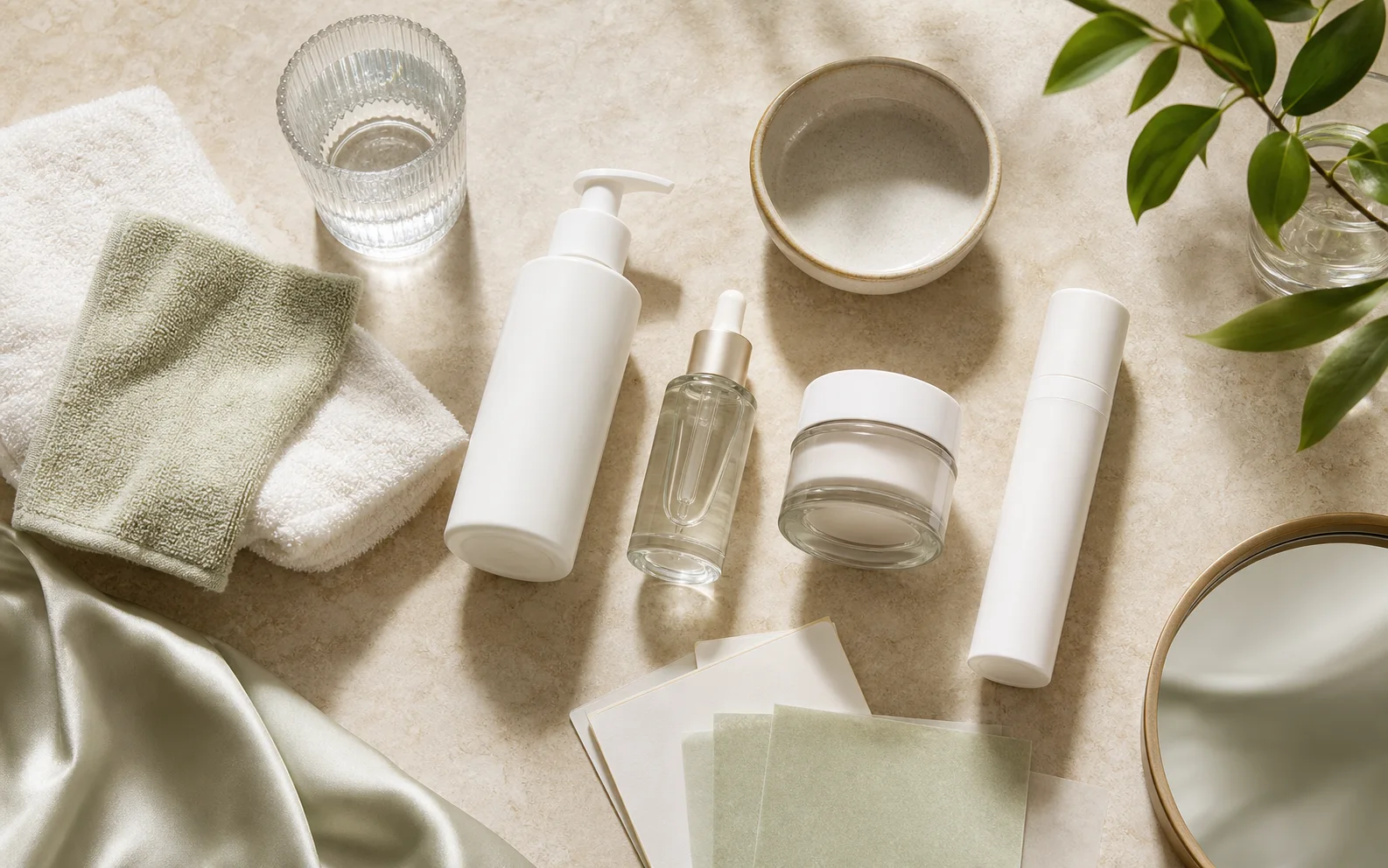 Post-acne facial aftercare routine with gentle cleanser hydrating serum moisturizer sunscreen and soft cloth
