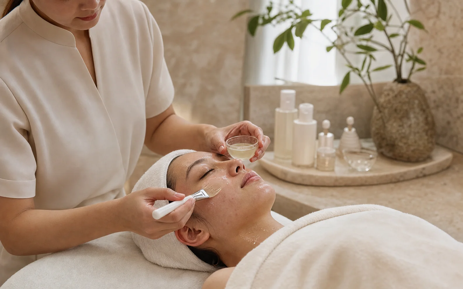 Gentle calming mask step during a post-acne facial treatment for texture and barrier comfort