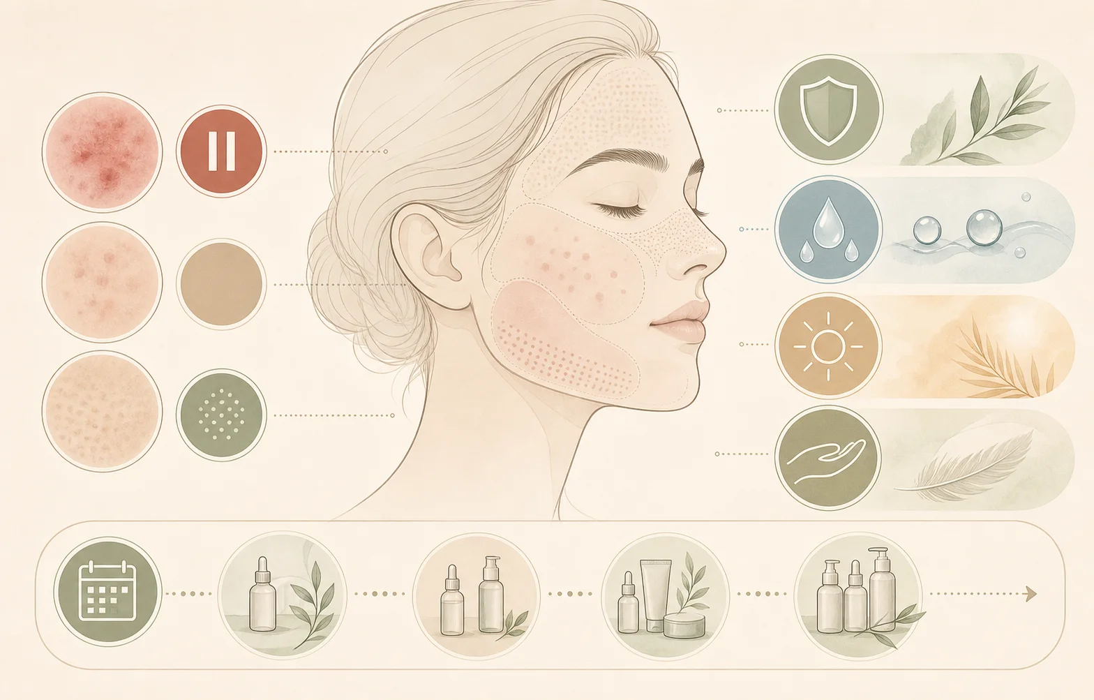 Text-free post-acne facial planning diagram with barrier hydration sunscreen timing and gentle care icons