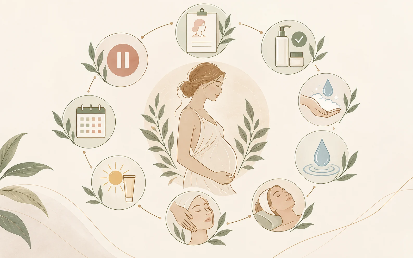 Инфографика без текста о pregnancy-safe facial planning: consultation, hydration, sunscreen, aftercare and pause symbols