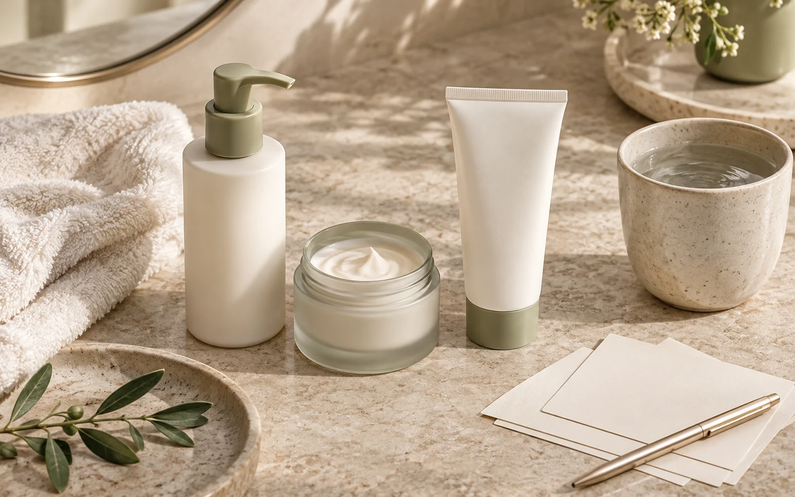Rosacea-prone facial aftercare with unbranded gentle cleanser moisturizer sunscreen and soft towel