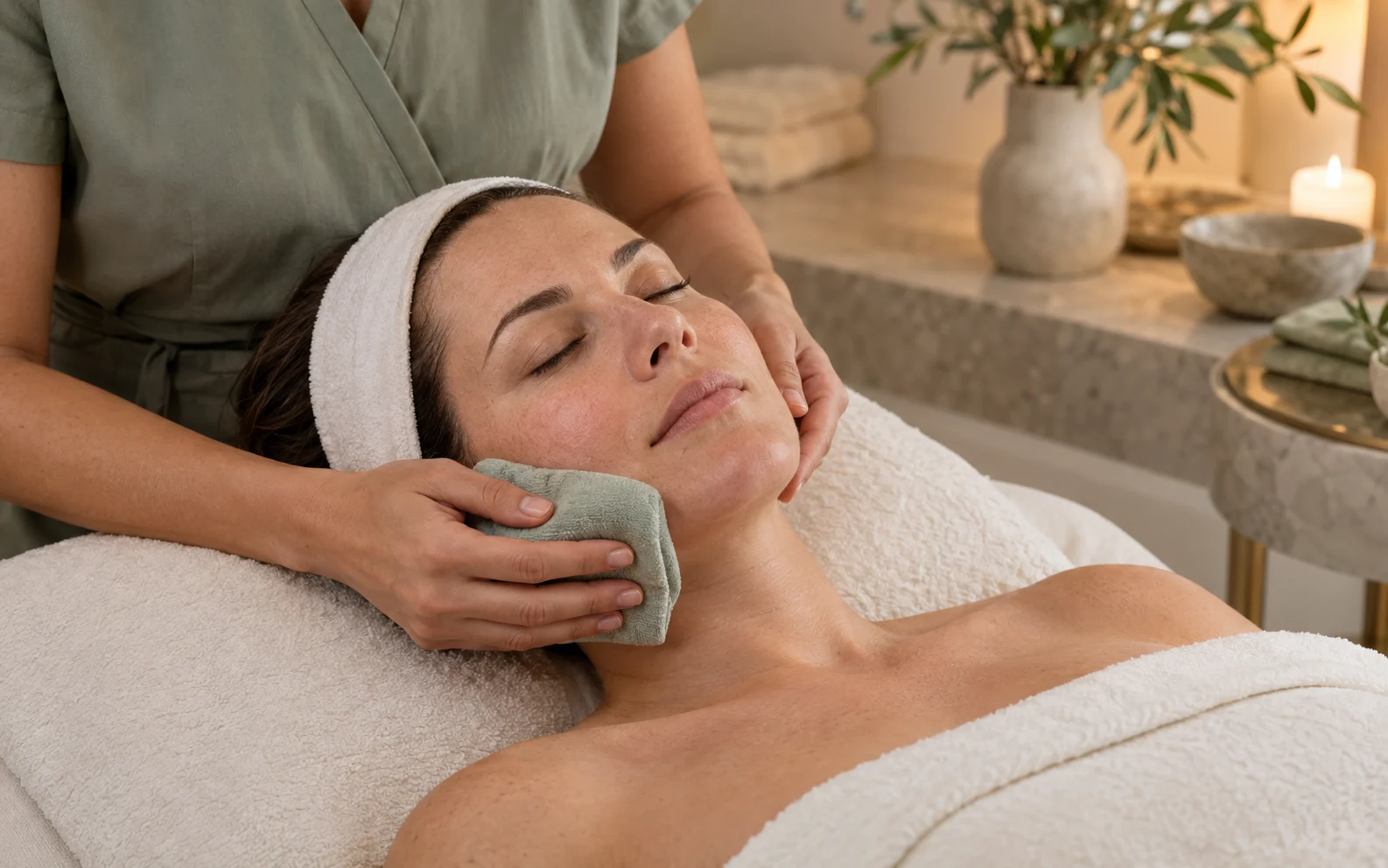 Low-friction cool-compress facial care for a rosacea-prone and sensitive-looking complexion