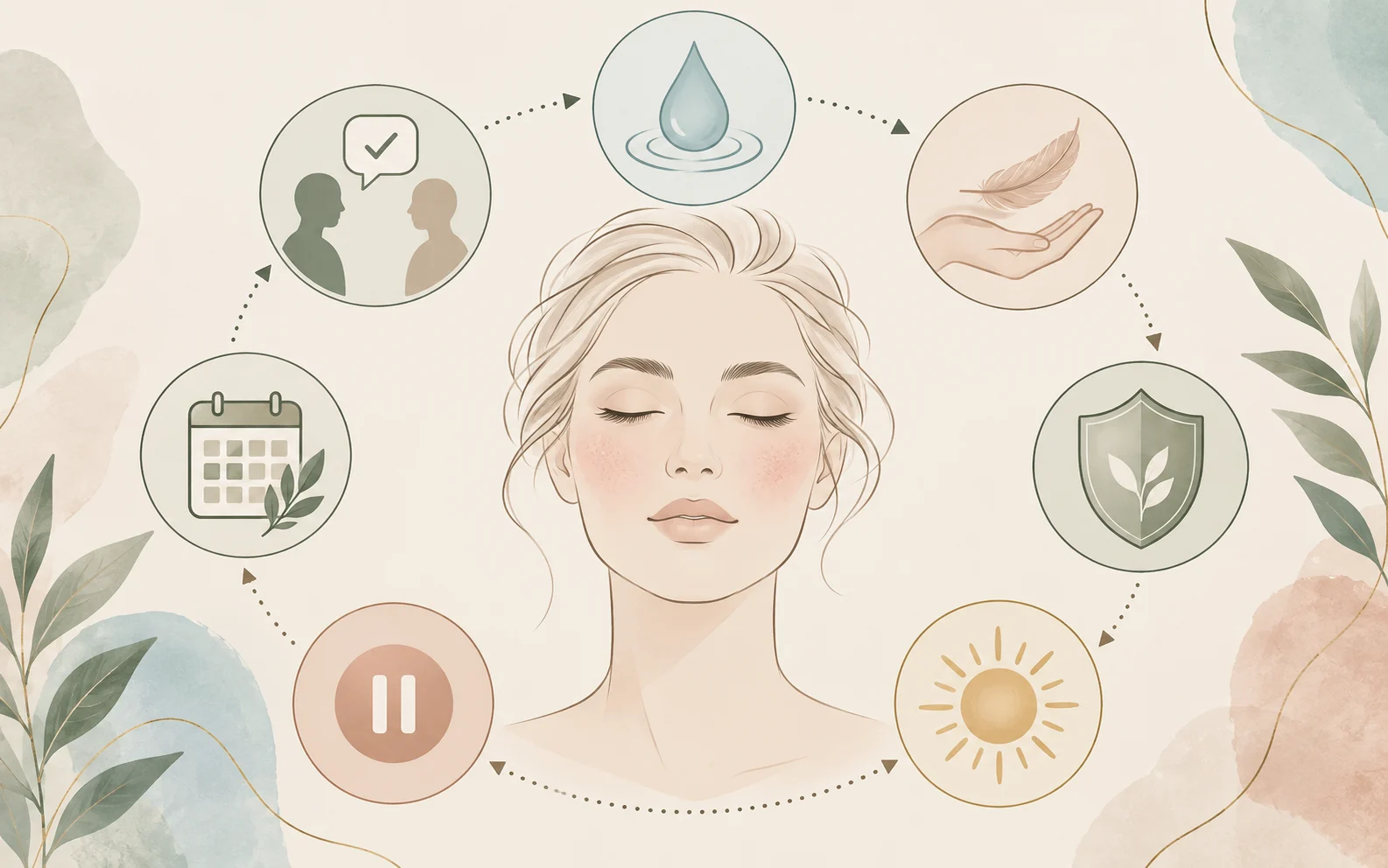 Text-free rosacea-prone facial planning infographic with consultation hydration gentle touch sunscreen and pause symbols