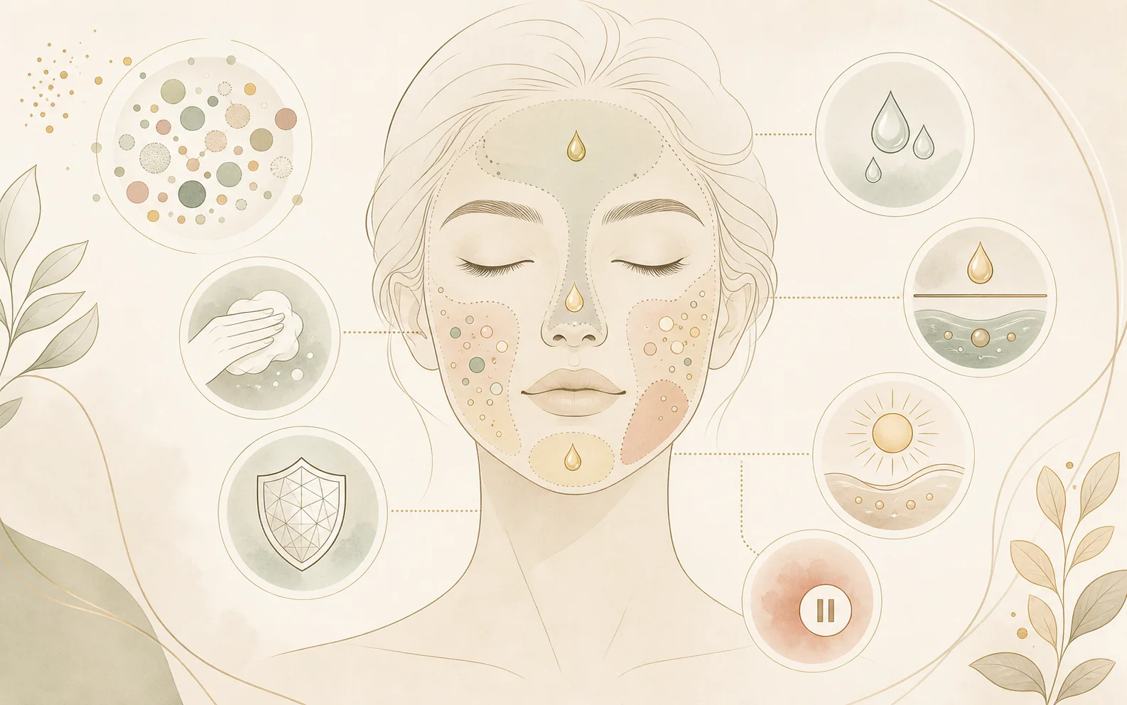 Инфографика без текста о skin microbiome facial planning, barrier comfort, hydration, pH, sebum and sunscreen