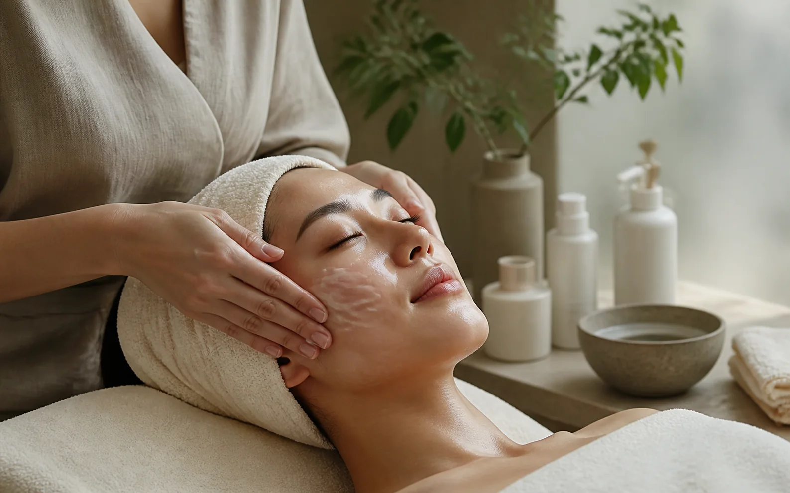 Gentle double cleansing step during an urban pollution facial treatment for city residue and barrier comfort