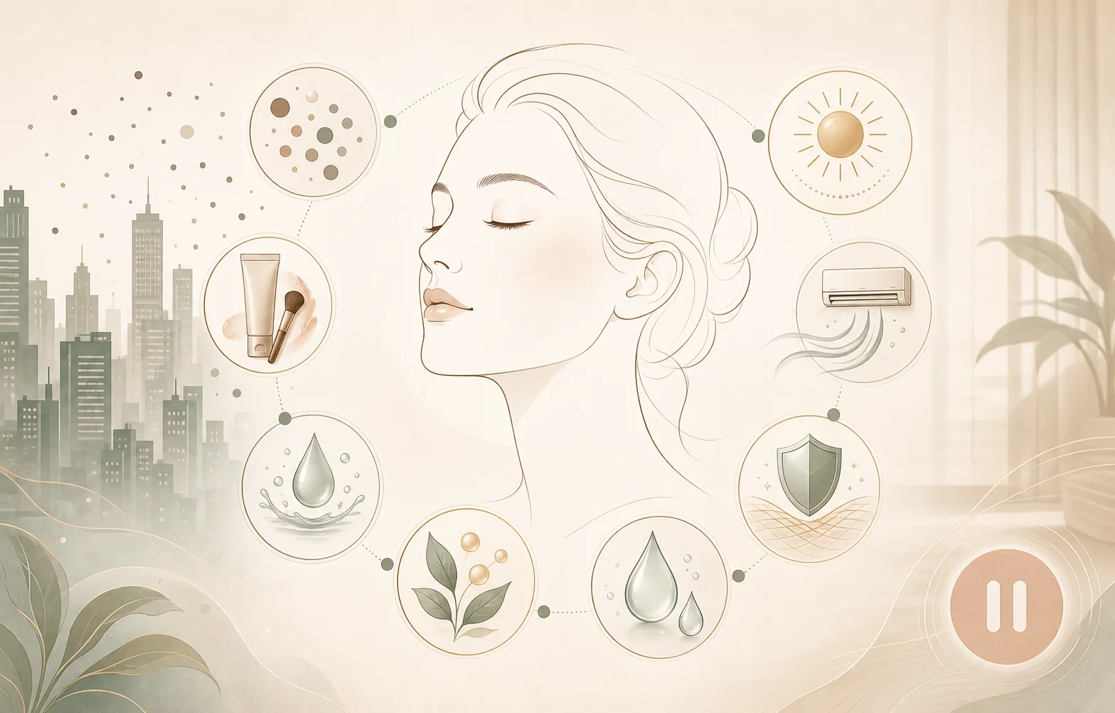 Text-free urban pollution facial planning infographic with city particles cleanser hydration barrier antioxidant sunscreen and air-conditioning icons